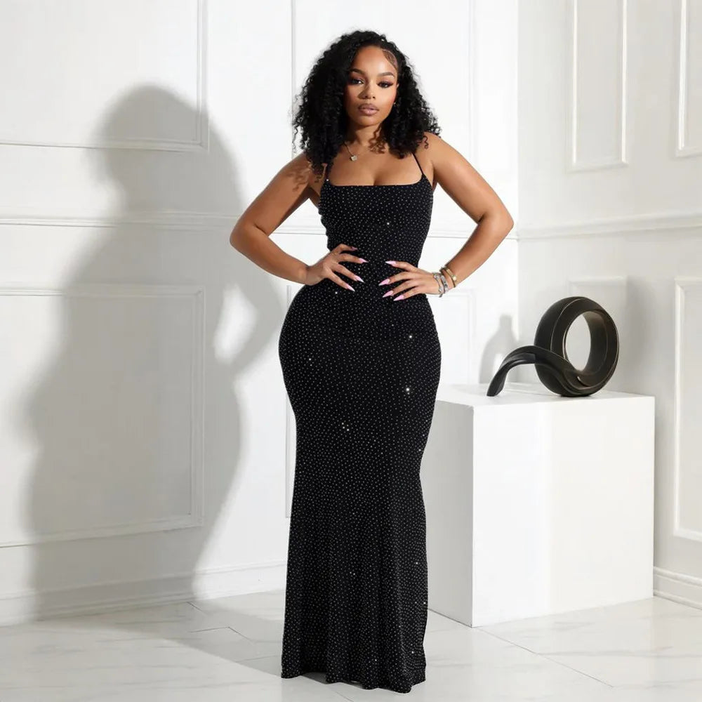 Women Camisole Dress Sheath Party Dresses Ankle Length Vestidos Sleeveless Slim 2025 Diamonds Slight Strech Summer Spliced