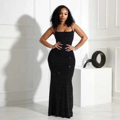 Women Camisole Dress Sheath Party Dresses Ankle Length Vestidos Sleeveless Slim 2025 Diamonds Slight Strech Summer Spliced