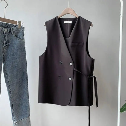 2024 Women Spring Autumn New Loose Suit Vest Jacket Female V-neck Sleeveless Coats Ladies Casual Double Breasted Waistcoat W681