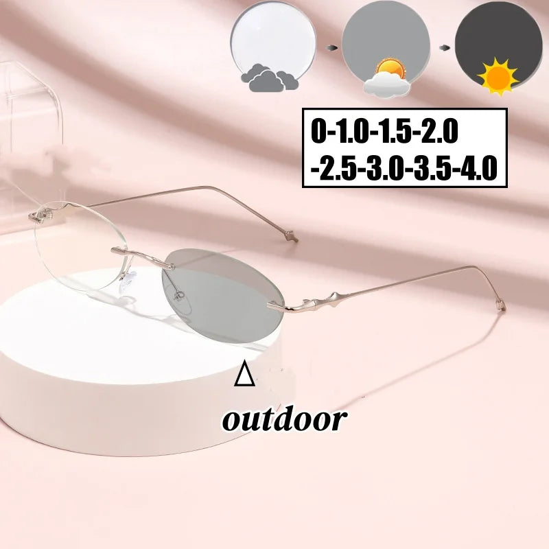 Small Oval Photochromic Myopia Glasses Women Men Fashionable Frameless Minus Diopter Glasses Trendy Outdoor Eyewear0-1.0-4.0