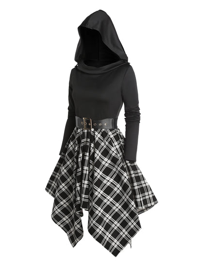 Dressfo Women's Gothic Plaid Hoodie Dresses Panel Asymmetric Hooded Dress Cowl Neck Long Sleeve Belted Dress
