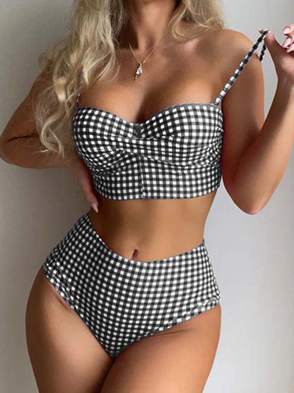 High Waist Bikinis 2025 Women Gingham Printed Swimwear Female Sexy Straped Swimsuit Female Padded Bathers Bathing Suit Beachwear