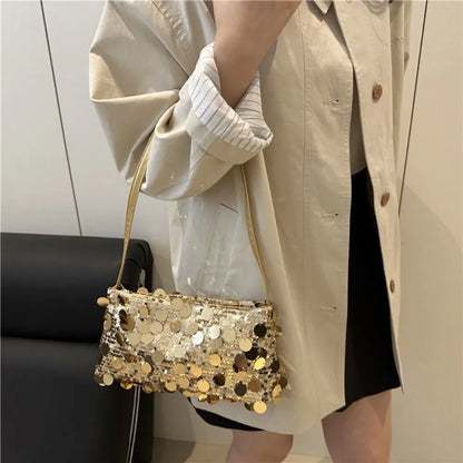 Fashion Lightweight Sequin Shoulder Bags Solid Color Large Capacity Underarm Bag Evening Party Tote Bag Women
