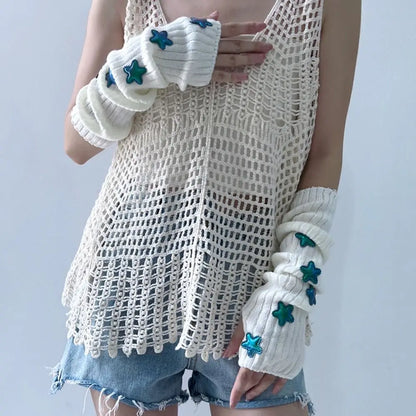 Punk Solid Color Star Knitted Gloves Y2k Gothic Wool Sleeve Cuff Long Hand Sleeve Arm Warmers Winter