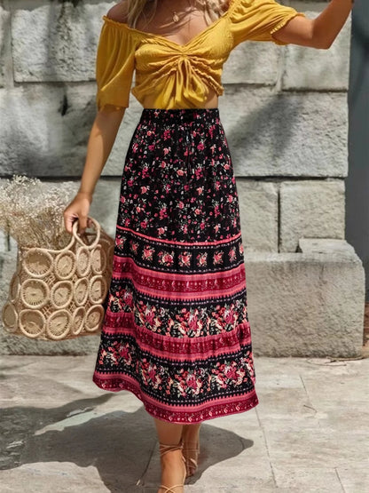 Multi Floral Print Ethnic Vintage Chic Women Beach Bohemian Skirt Ladies High Elastic Waist Rayon Cotton Boho Maxi Skirts