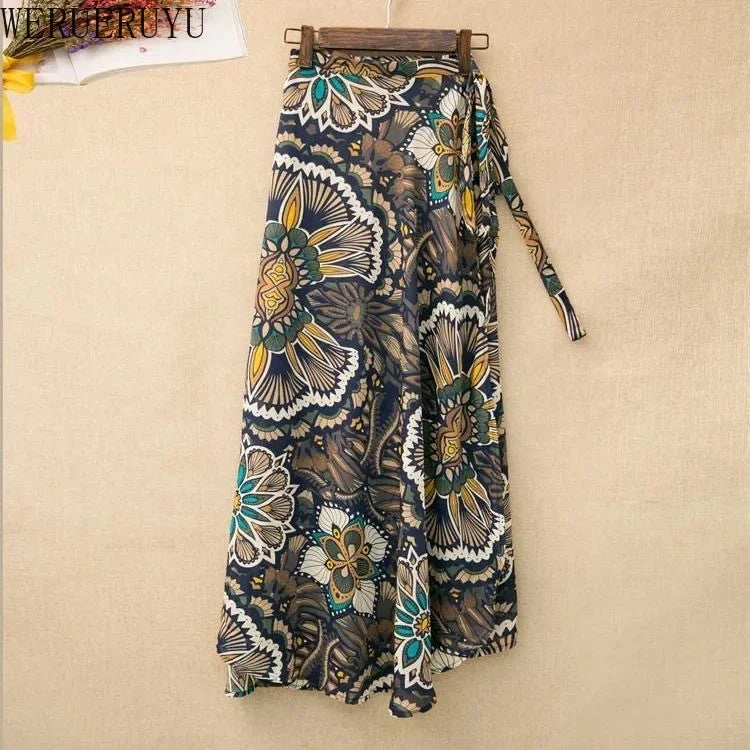 WERUERUYU Wrap Skirts Women Casual Chiffon Tie-Waist Ruffle Wide Leg Loose