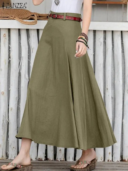 ZANZEA 2024 Summer Casual Midi Skirts Women A-line Oversized Patchwork Skirt Solid Color Bottom Ladies Zipper High Waist Skirt