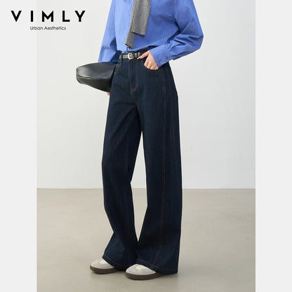 VIMLY Navy Blue Denim Woman Pants Autumn 2025 New Vintage Clothing Pockets Mid-waist Loose Female Trousers Women Clothes 75125