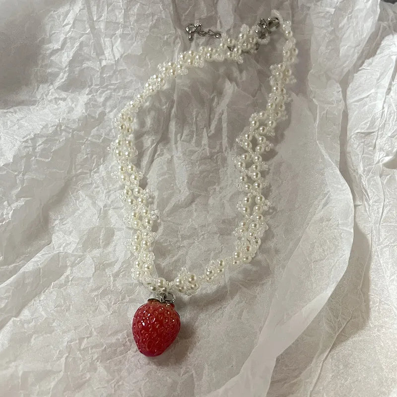 Handmade love necklace, sweet romantic pearl strawberry pendant necklace lovely necklace cute necklace necklace for women y2k