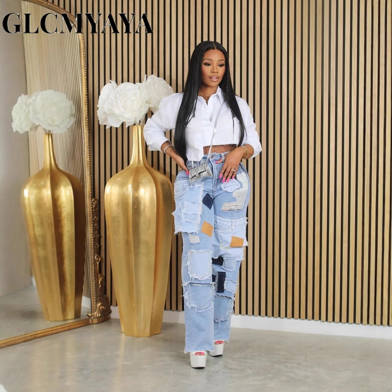 GLCMYAYA Women's Straight Ripped  Jeans 2025 New Fashion Street Pocket Patchwork Sexy Long Pants Trousers Blue Vintage Pants
