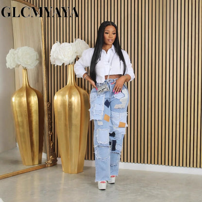 GLCMYAYA Women's Straight Ripped  Jeans 2025 New Fashion Street Pocket Patchwork Sexy Long Pants Trousers Blue Vintage Pants