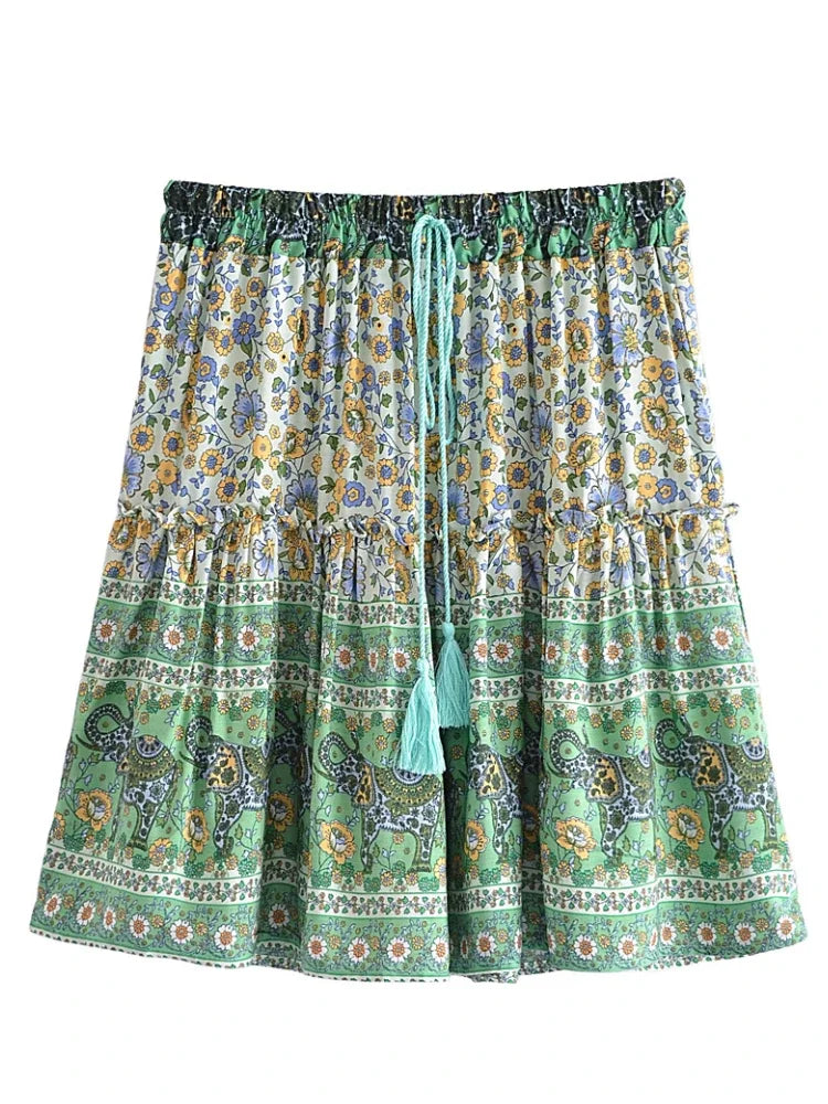 Women Vintage Summer Ruffles Tassel Pleasted Bohemian Skirt Green Floral Printed Rayon Lady Bottoms Boho Mini Skirts