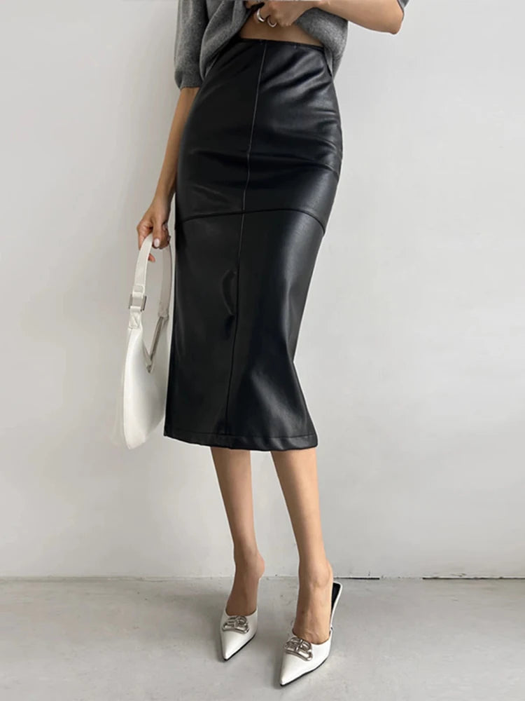 Beige Leather Skirts Midi Women Office Autumn Winter Straight PU Bodycon Skirts Ladies High Waist Slit Leather Skirts For Women