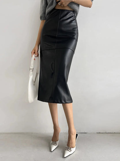 Beige Leather Skirts Midi Women Office Autumn Winter Straight PU Bodycon Skirts Ladies High Waist Slit Leather Skirts For Women