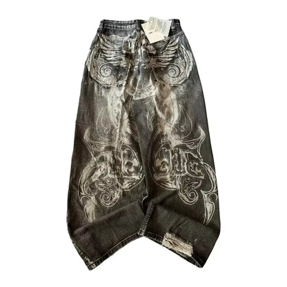 American New Fashion Old Washed Loose Jeans Women Y2K Hip Hop Harajuku Casual Joker Gothic High-waisted Wide-leg Trousers