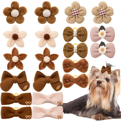 10PCS 2025New Dog Hair Accessories Brown Style Dog Bows With Rubber Bands Handmade Puppy Bowknots Pet Supplies For Dogs