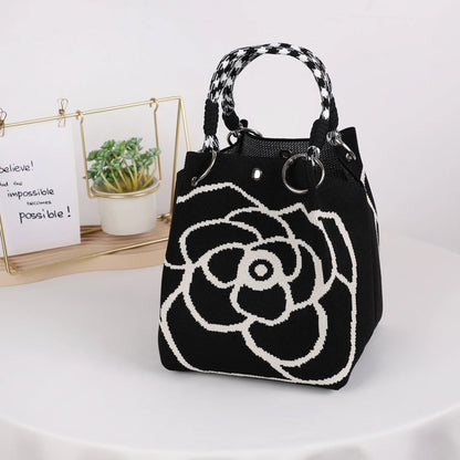 Mini Knitted Bucket Bag Women Small Handbag Geometric Colorblock Wristlet Purse With Detachable Handle