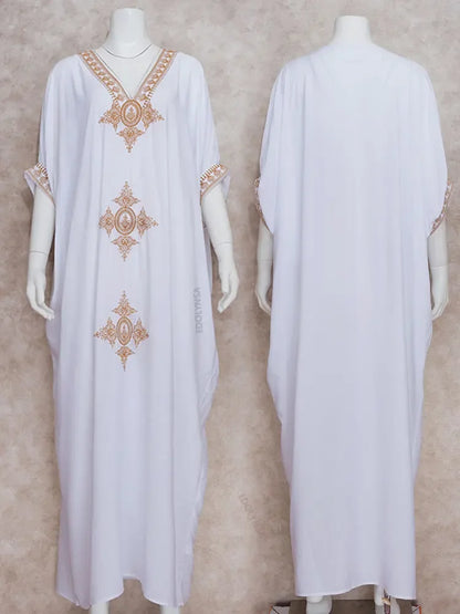 2024 Elegant Gold Embroidered Kaftan Retro V-neck White Dress Plus Size Women Clothes Summer Beach Wear Swim Suit Cover Up Q1373