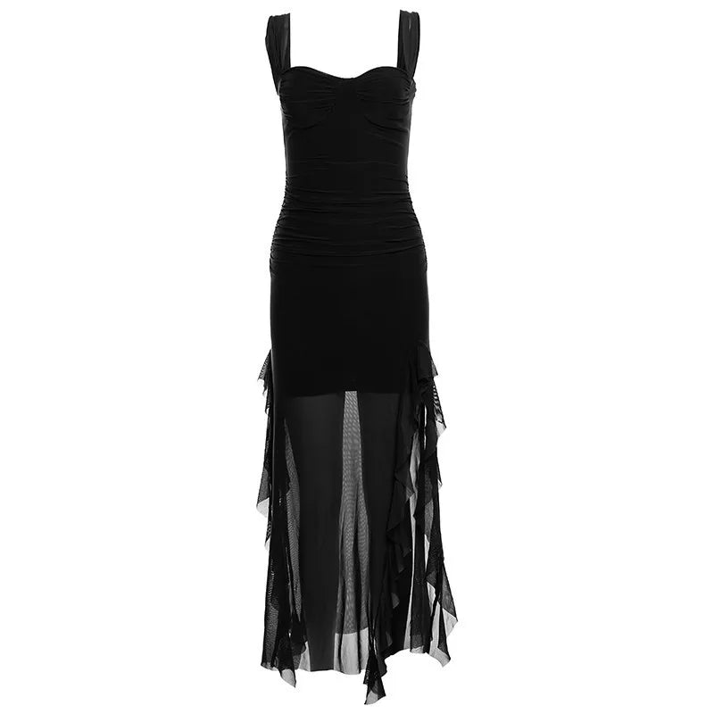 SylCue Ruched Ruffle Elegant Dress Women Sexy Off Shoulder Backless Mesh See Through Splits Hem Midnight Prom Party Long Bodycon