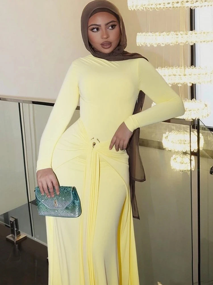 Sisterlinda Sequined Pleated Maxi Dress Classic Solid Full Sleeve Crew Neck Ribbons Sheath Long Robe Mujer Hipster Evening Wear