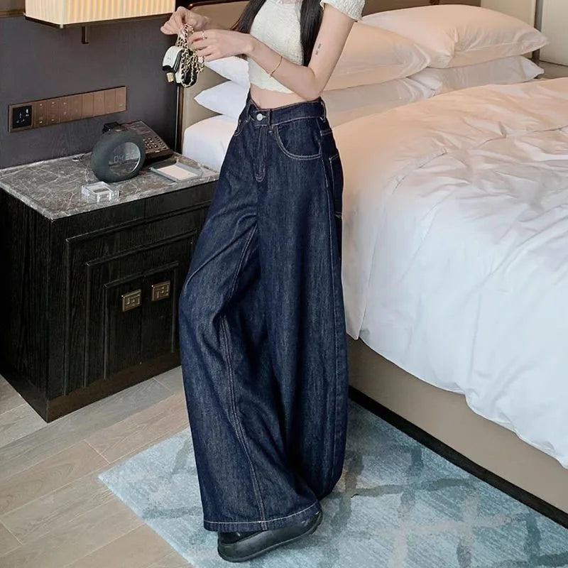 Lucyever Vintage Washed Wide Leg Jeans Women Deep Blue High Waist Baggy Y2K Denim Pants Lady Streetwear Casual Straight Trousers