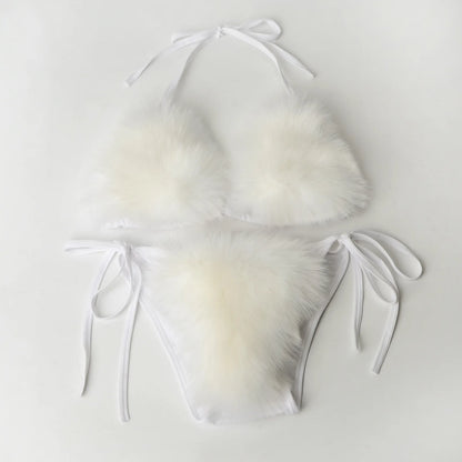 Women Fake Fox Fur Two Piece Swimsuits New Solid Bra Underwear Split Triangle Sexy Bikini Set Faux Fur Swimsuit Plush Swimwear