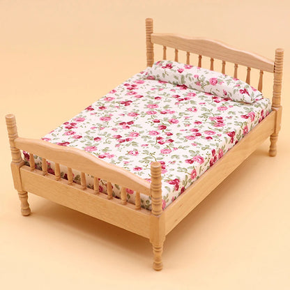 1:12 Dollhouse Miniature Double Bed Model European Bedroom Scene Furniture Accessories For Doll House Decor Kids Play Toys Gift