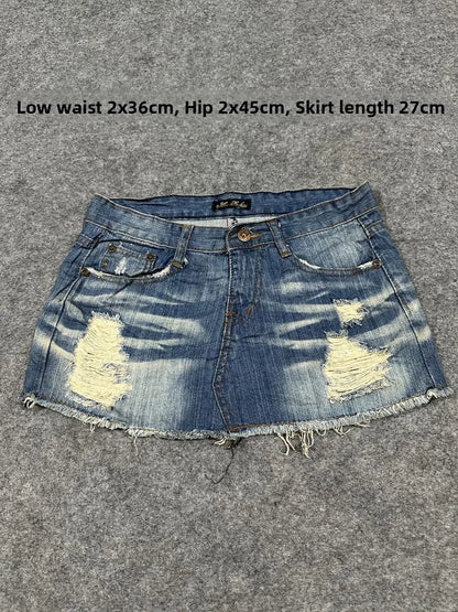 Sexy American Vintage Low Waist Denim  Skirt for Students Z4 Antiquing Y2K Trendy ort Skirt with Handmade Ripped And Fo...