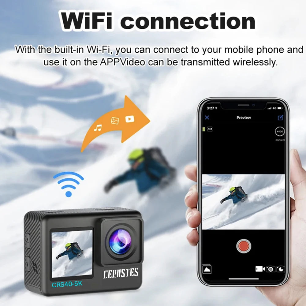 CERASTES Action Camera 5K 4K 60FPS WiFi Anti-shake Dual Screen 170° Wide Angle 30m Waterproof Sport Camera with Remote Control