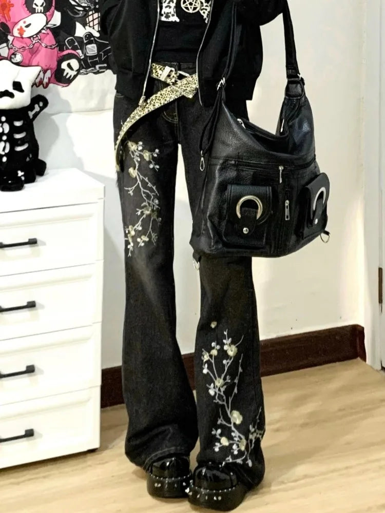 Women's Casual Floral Print Full Length Denim Trouser 2000s Street Retro High Waist Jeans Vintage Dark Trashy Skinny Emo Pants