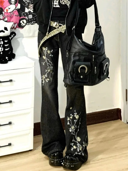 Women's Casual Floral Print Full Length Denim Trouser 2000s Street Retro High Waist Jeans Vintage Dark Trashy Skinny Emo Pants