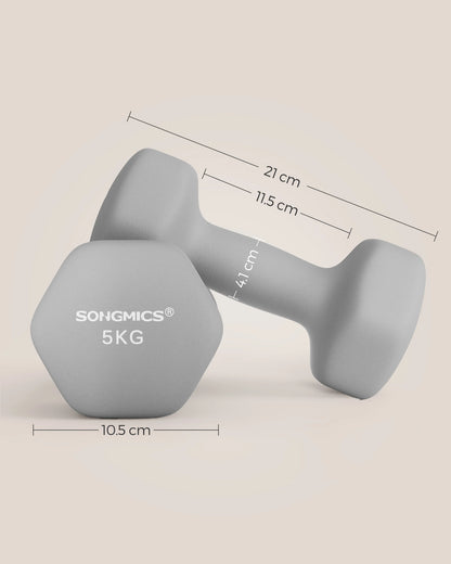 SONGMICS Set of 2 Neoprene Hex Dumbbells, 2 x 5 kg, with Dumbbells Bars, Home Training, Grey