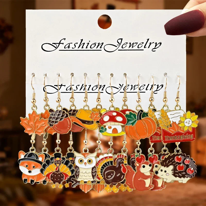24/12PCS Retro Thanksgiving Earrings Turkey/Squirrel/Fox&Autumn Leaf Earring Set Round Earback Thanksgiving Gifts