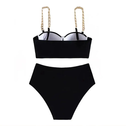 Push Up Bikini Hard Wrap Top Underwire Chain Shoulder Straps High Waist Bottom Swimwear Women Solid Swimming Beach Bathing Suit