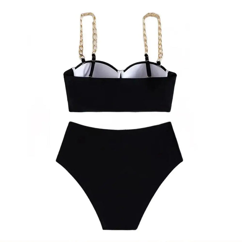 Push Up Bikini Hard Wrap Top Underwire Chain Shoulder Straps High Waist Bottom Swimwear Women Solid Swimming Beach Bathing Suit