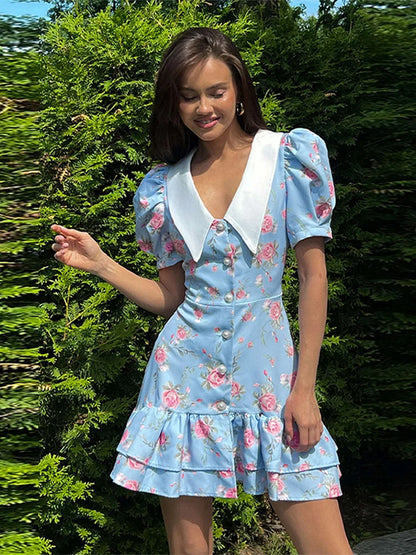 Short Puff Sleeves Print Ruffled Hem Dress Women V-Neck  Pearl Buttons High Waist A-line Mini Dress Female Holiday Slim Robe