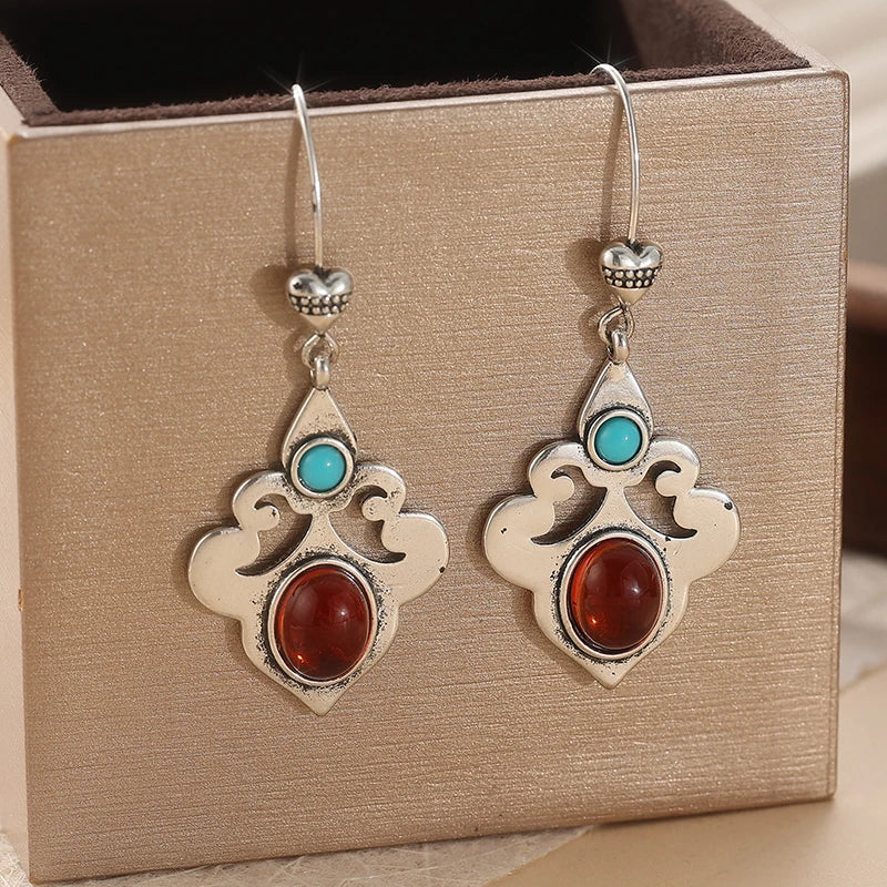 Traditional Earrings, Ethnic Tribal Earrings, Glass Stones, Carved Long Earrings, Heart Shape Earrings,