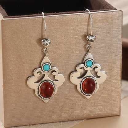 Traditional Earrings, Ethnic Tribal Earrings, Glass Stones, Carved Long Earrings, Heart Shape Earrings,