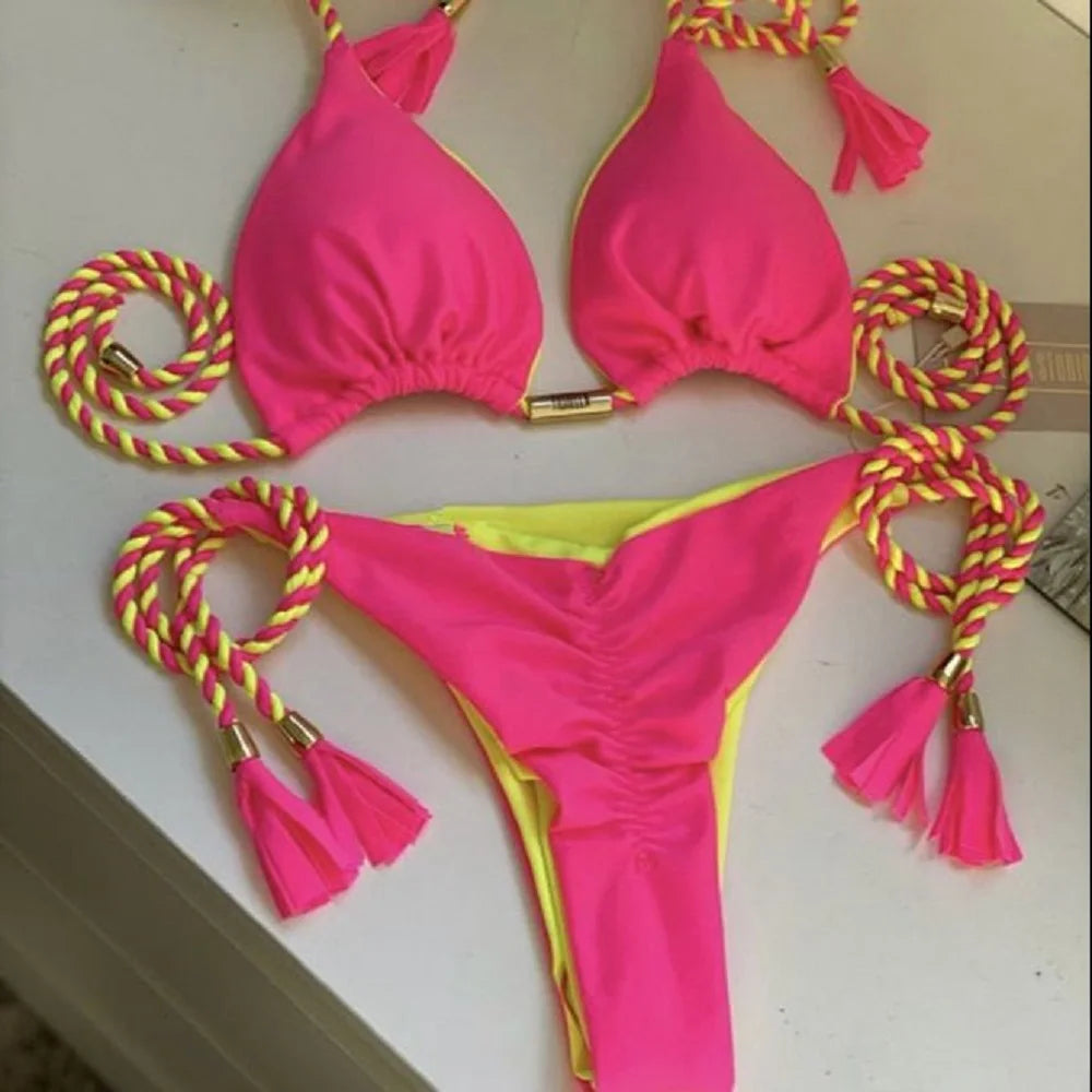 New Women Bikini Backless Rope Triangle Swimsuit Multicolor