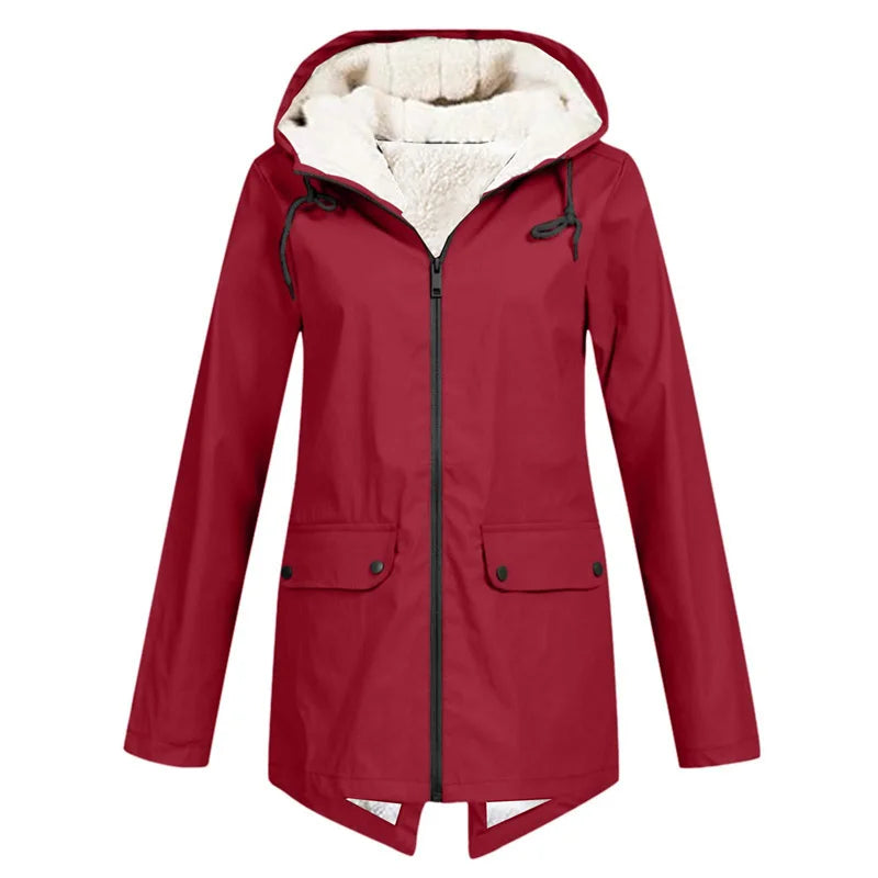 Outdoor Windbreaker Coat Women Trench Coat Waterproof Hooded Outerwear Velvet Thicken Overcoat Zip-up Streetwear Autumn Winter