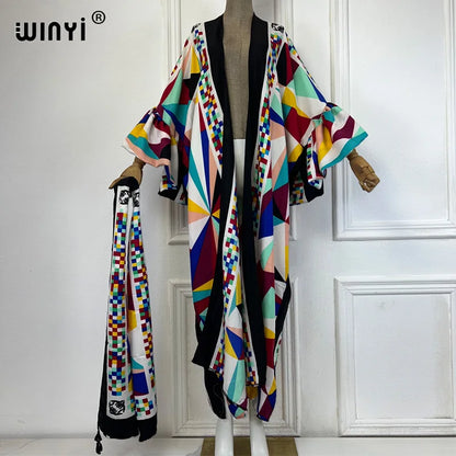 WINYI cotton feeling kimono print Self Belted dress Women Elegant holiday Bubble sleeve cardigan beach Wear Swim Suit cover up