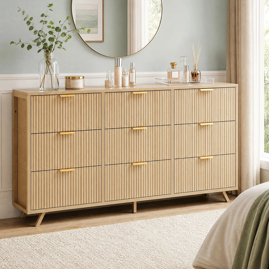 9-Drawer Wide Modern Cabinet Suitable for Dressing Table with Wood & Painted Painted Doors, Ample Storage Dresser for, Bedroom