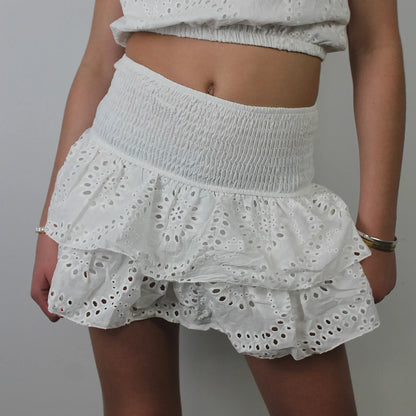 Women A-Line Pointelle High Waist Layered Ruffle Skirt Shirred Mini Skirt Summer Solid Color Sweet Skirts Black/White/Pink
