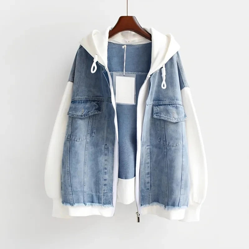 2025 Spring Autumn New Fake Two Piece Denim Jacket Women Loose Splicing Cardigan Hooded Baseball Coat Female Casual Ladies Tops