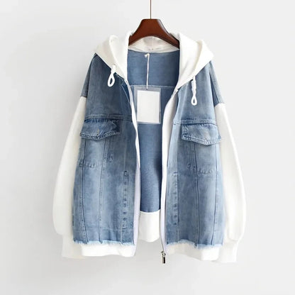 2025 Spring Autumn New Fake Two Piece Denim Jacket Women Loose Splicing Cardigan Hooded Baseball Coat Female Casual Ladies Tops