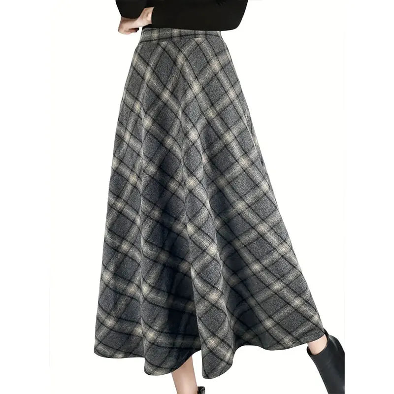 Y.KUKU Winter Warm Plus Size Skirts Women Large Size 3XL Plaid Skirt Thick Elegant Casual Woolen Long Plaid Skirt Female Skirts