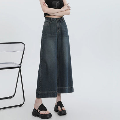 New 2025 Summer Jeans For Women Wide Leg Loose Denim Ankle-Length Pants Korean Fashion Streetwear Washed Blue Color Jeans Woman