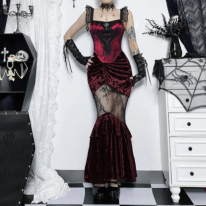 Goth Dark Ruched Vintage Gothic Aesthetic Velvet Skirts Grunge Mesh Splice Sexy Mermaid Skirt Women High Waist Elegant Partywear