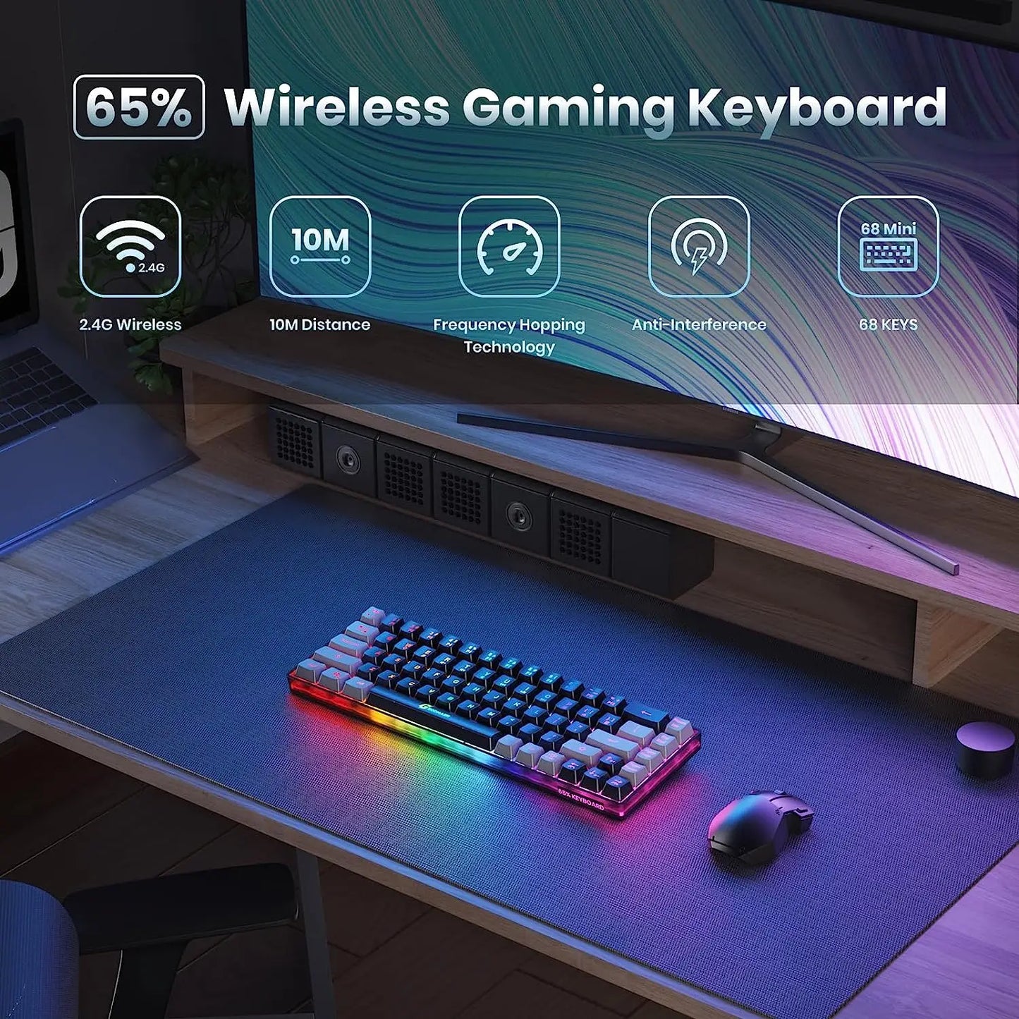 GEODMAER Wireless Gaming Keyboard Rechargeable Backlit Gaming Keyboard 68 Keys English/Spanish Layout 2.4G Keyboard for PC