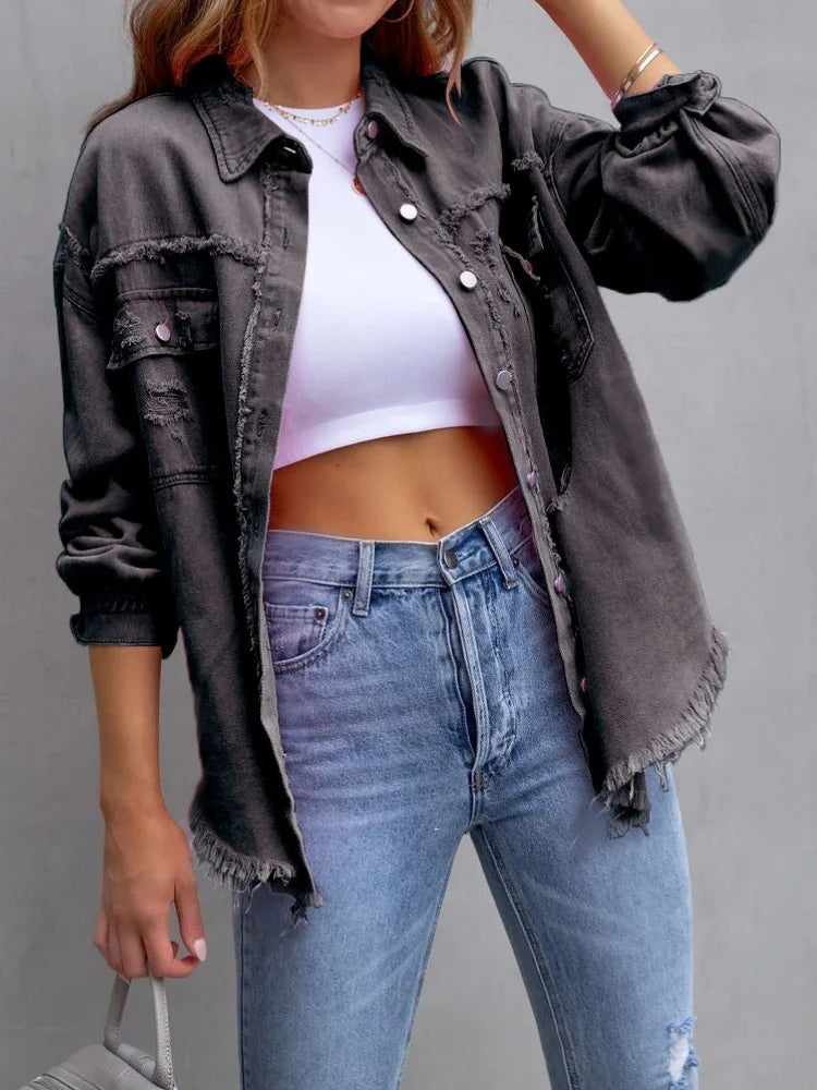 Spring Autumn Denim Women's Jacket Rough Selvedge Ripped Loose Fit Long Sleeve Korean Fashion Female Top